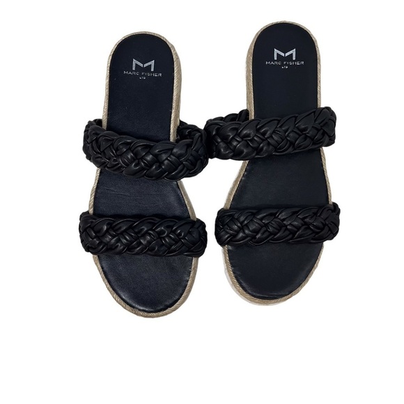 Marc Fisher Jaime Braided Flat Espadrille Slip On Sandal Size 7.5 Black Leather - Picture 4 of 11